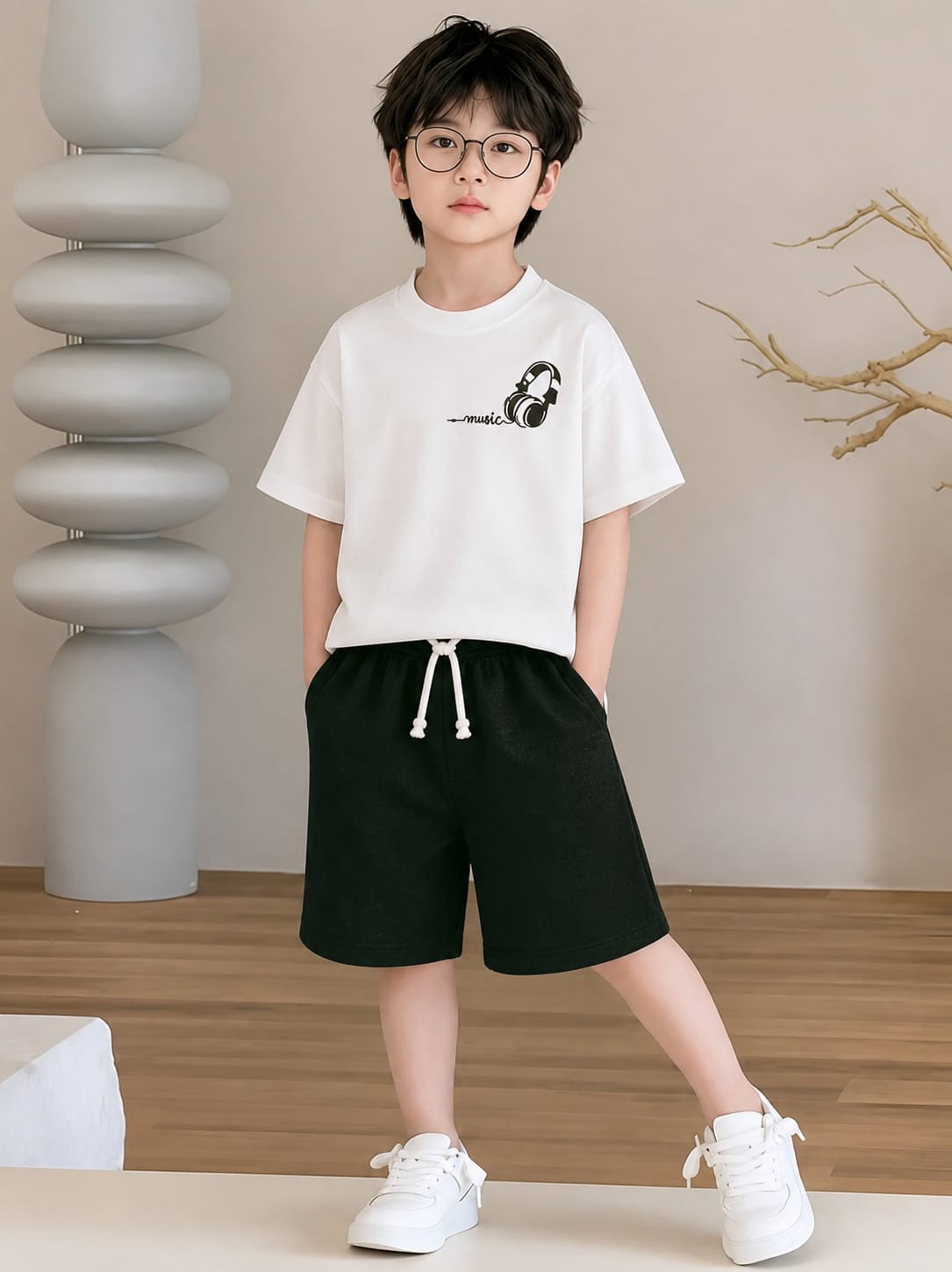 Boys White & Dark Green Music Headphones T-Shirt & Shorts Set