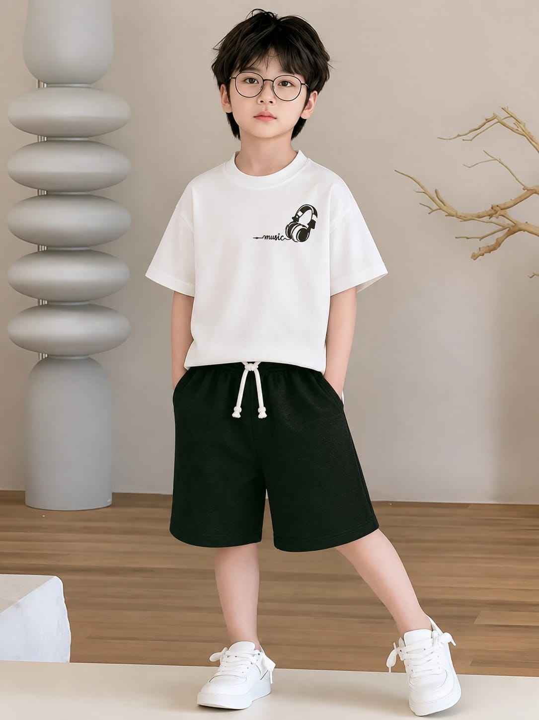 Boys White & Dark Green Music Headphones T-Shirt & Shorts Set