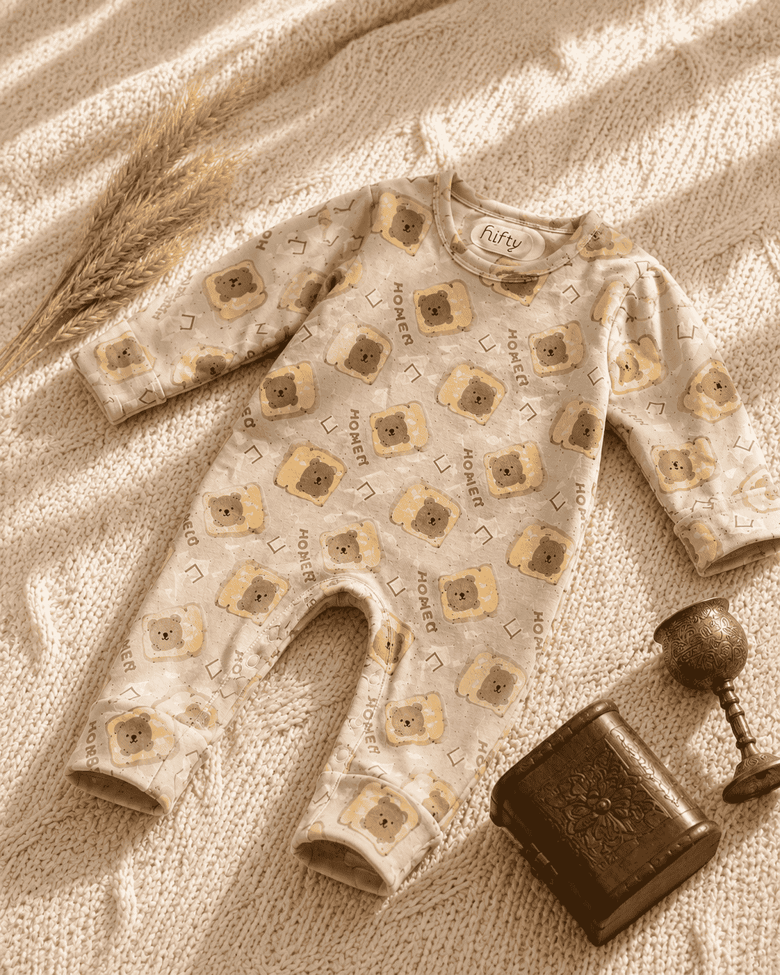 Baby Bear Toast Print Romper | Cream Long Sleeve Jumpsuit