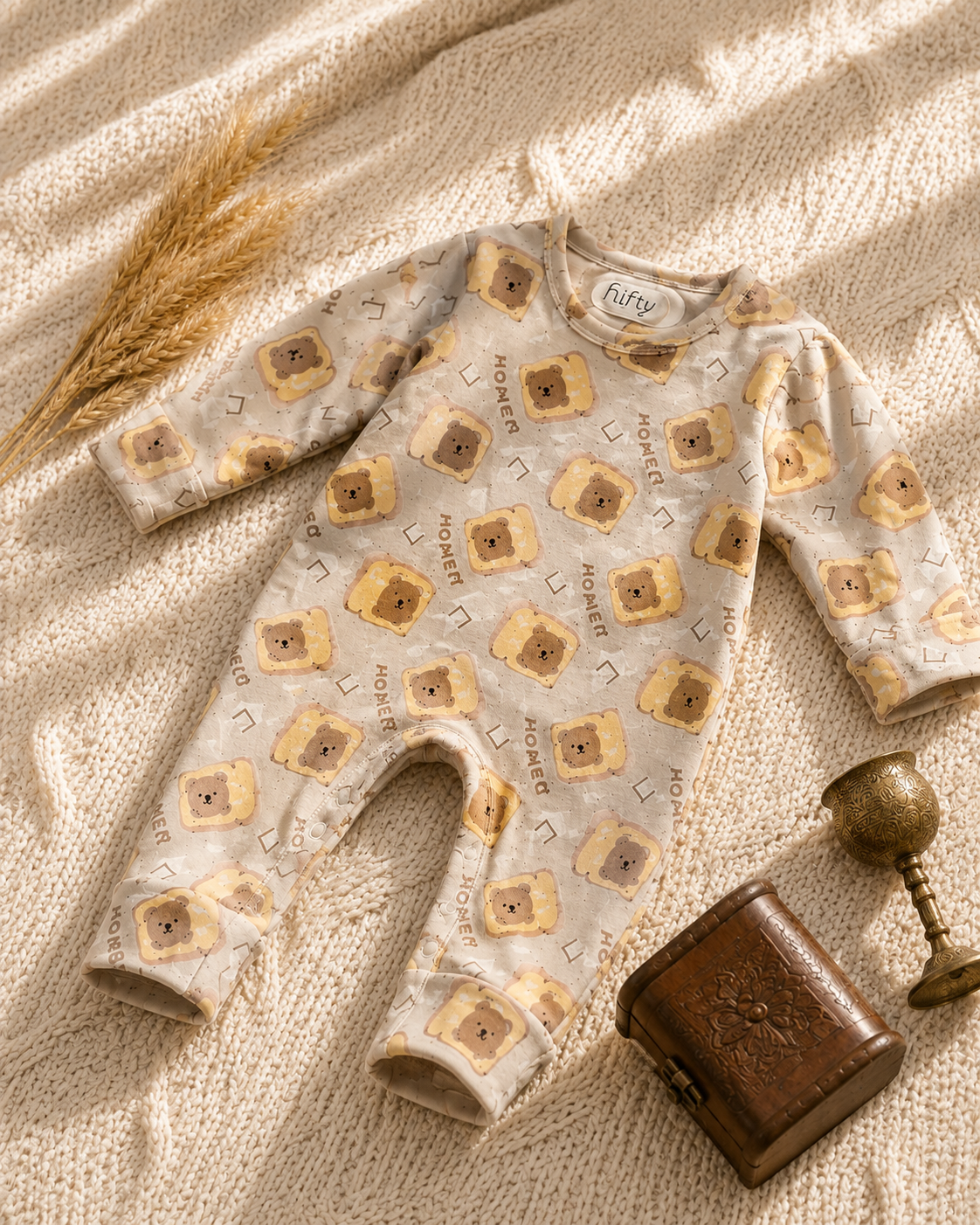 Baby Bear Toast Print Romper | Cream Long Sleeve Jumpsuit