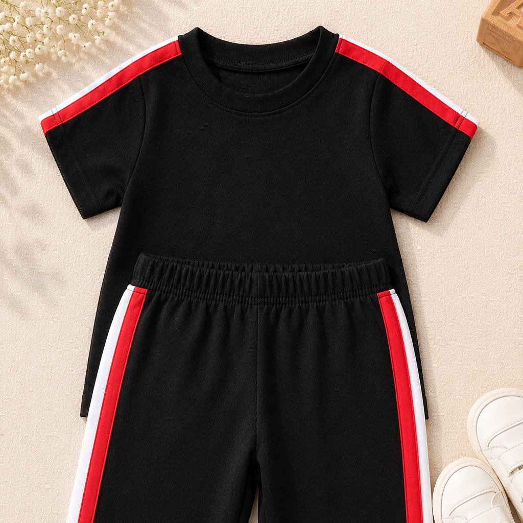 Plush-Premium Girls Casual Wear PJ Set Drop Shoulder Black/Red