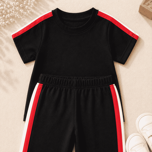 Plush-Premium Girls Casual Wear PJ Set Drop Shoulder Black/Red