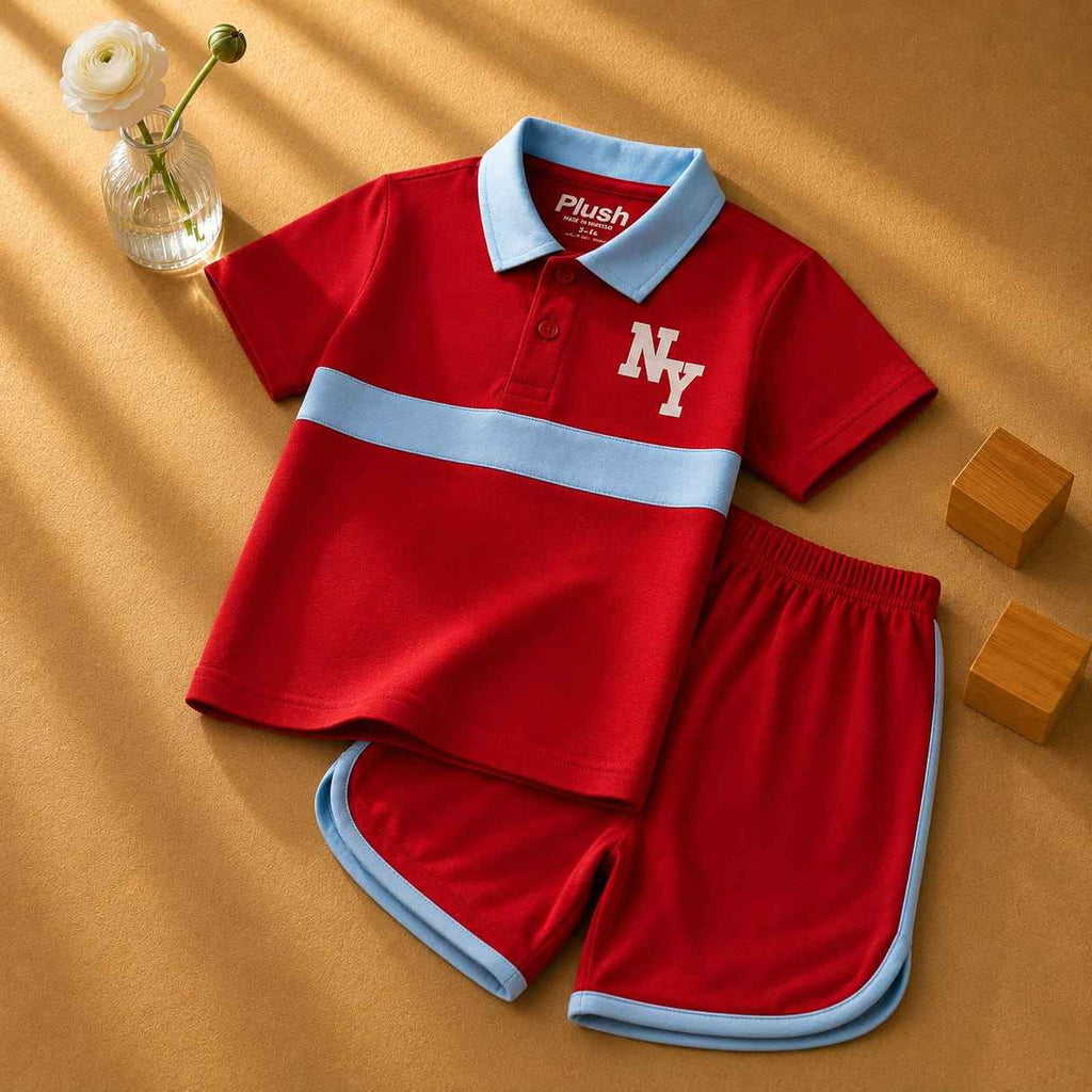 Plush-Baby Plaid Polo Shirt & Shorts-Red-Blue