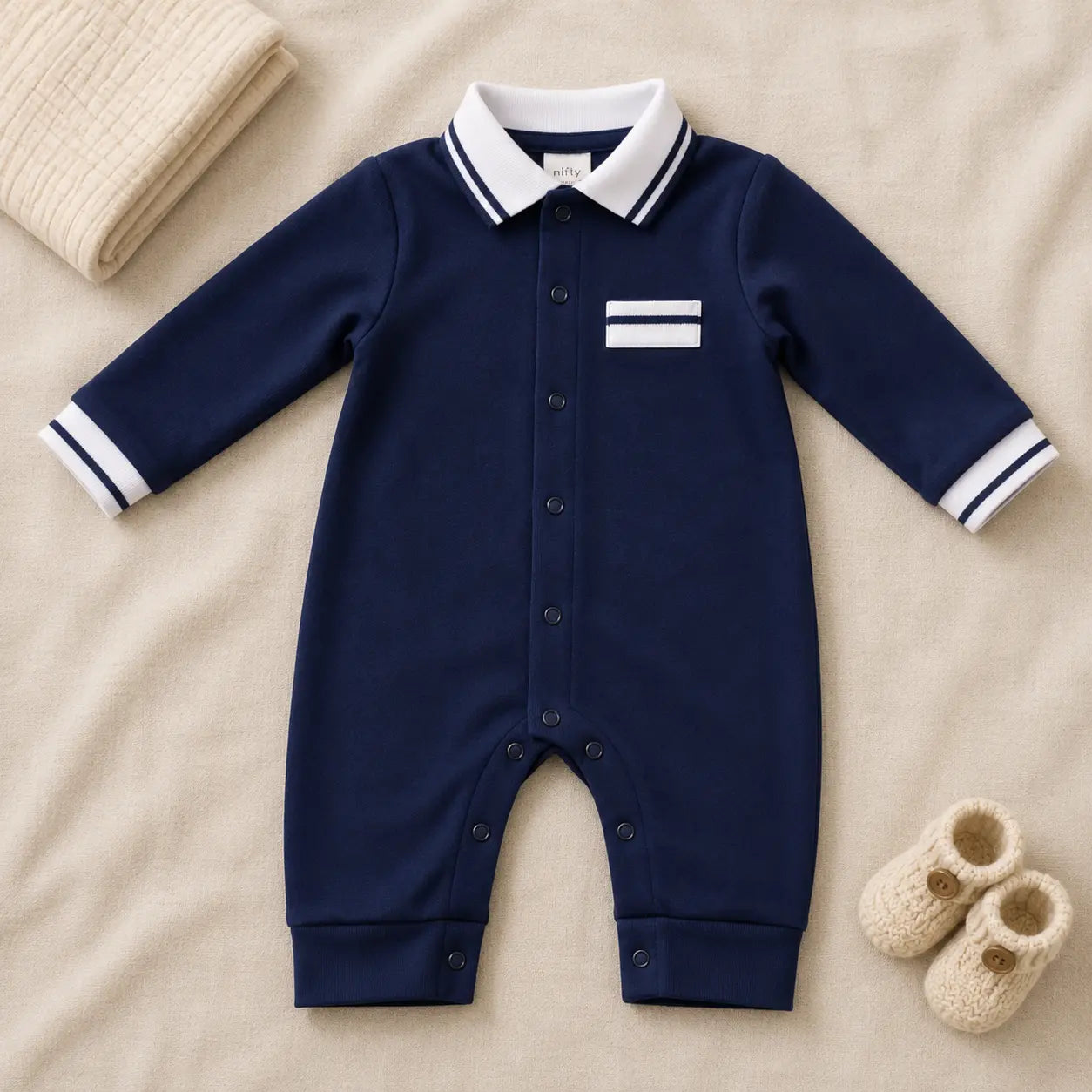 Navy blue baby romper with white striped collar