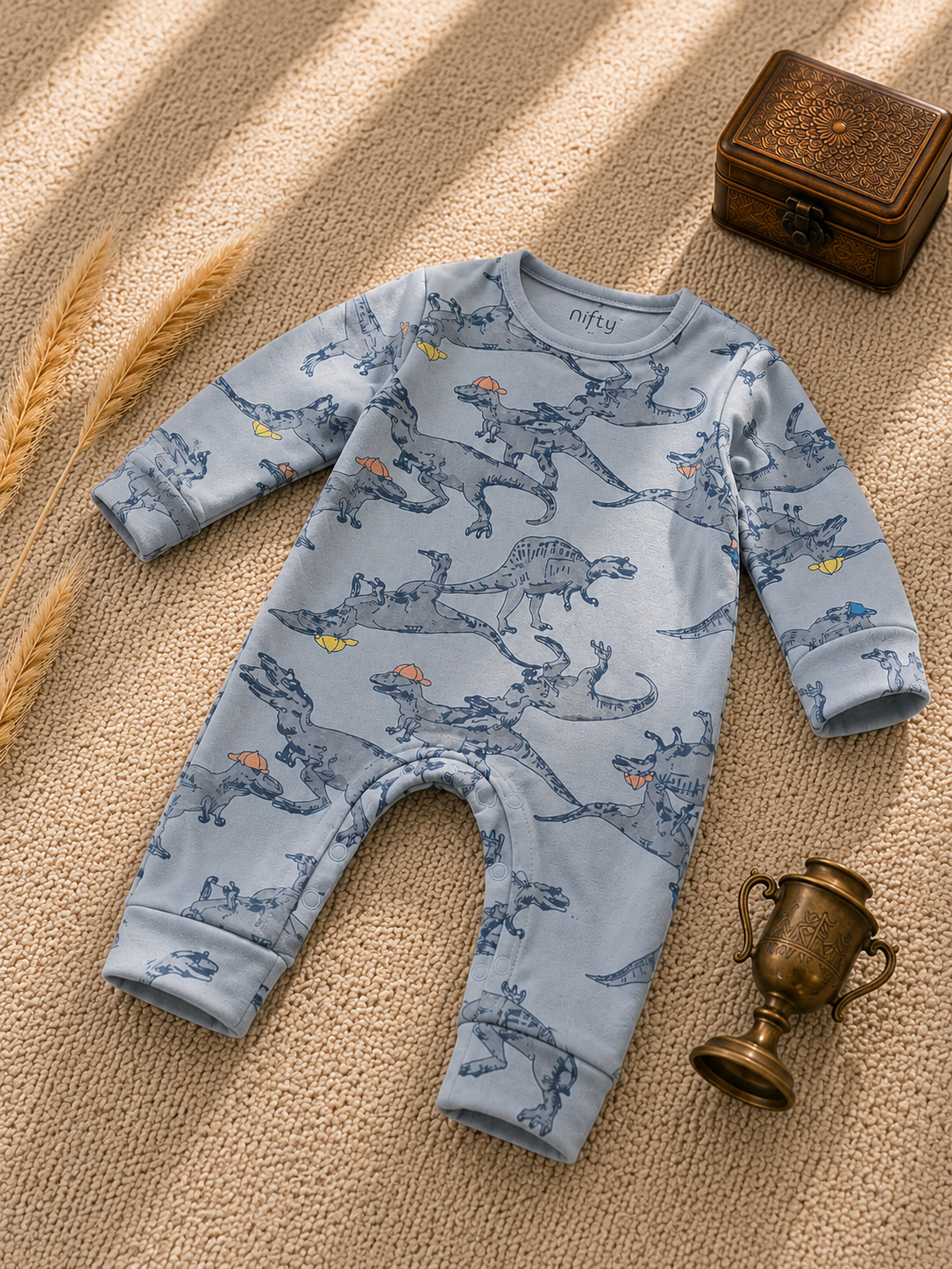 Baby Dinosaur Romper | Grey-Blue Long Sleeve Jumpsuit