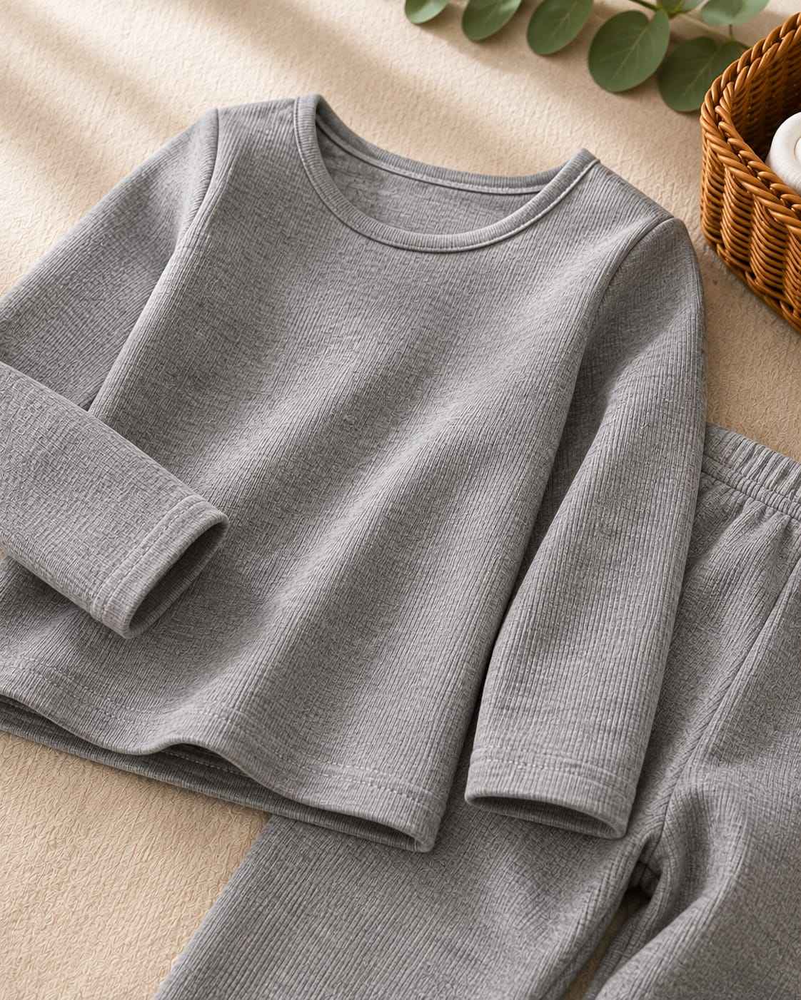 Plush Round Neck Style Ribbed Knit Sweat Set - Ash Grey
