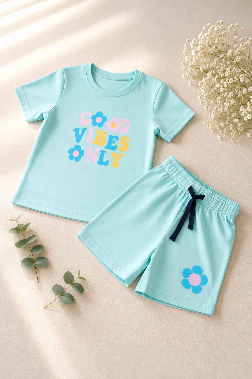 Girls Mint Green "Good Vibes Only" T-Shirt & Shorts Set
