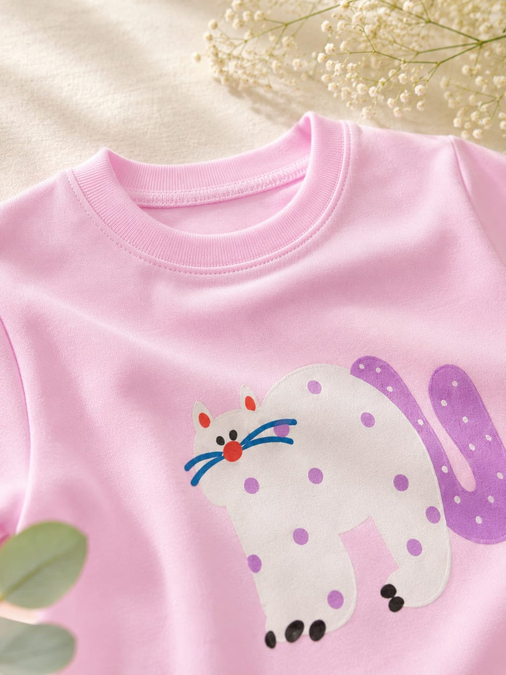 Girls Pink Cat Print T-Shirt & Trouser Set