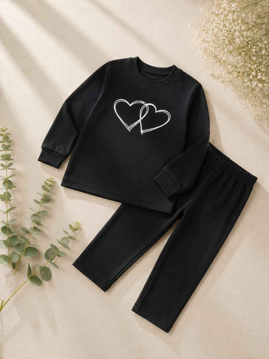 Girls Black Heart Print T-Shirt & Trouser Set