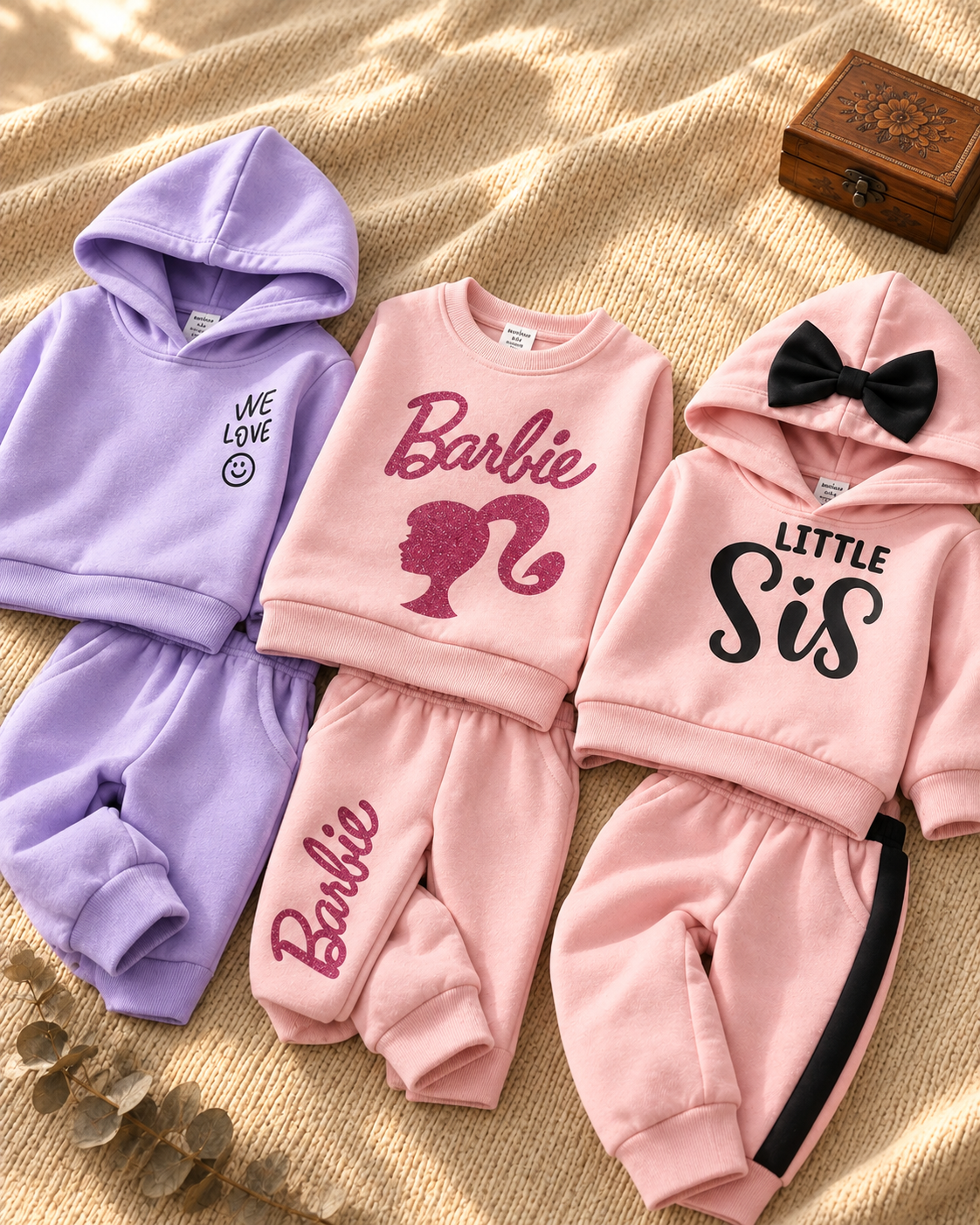 Pack of 3 Kids Hoodie & Jogger Sets: Smiley, Glitter Print & Little Sis