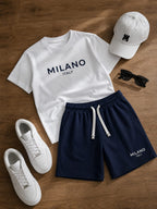 Nifty Basics Boys T-Shirt and Shorts Set (Milano Italy) – White & Navy