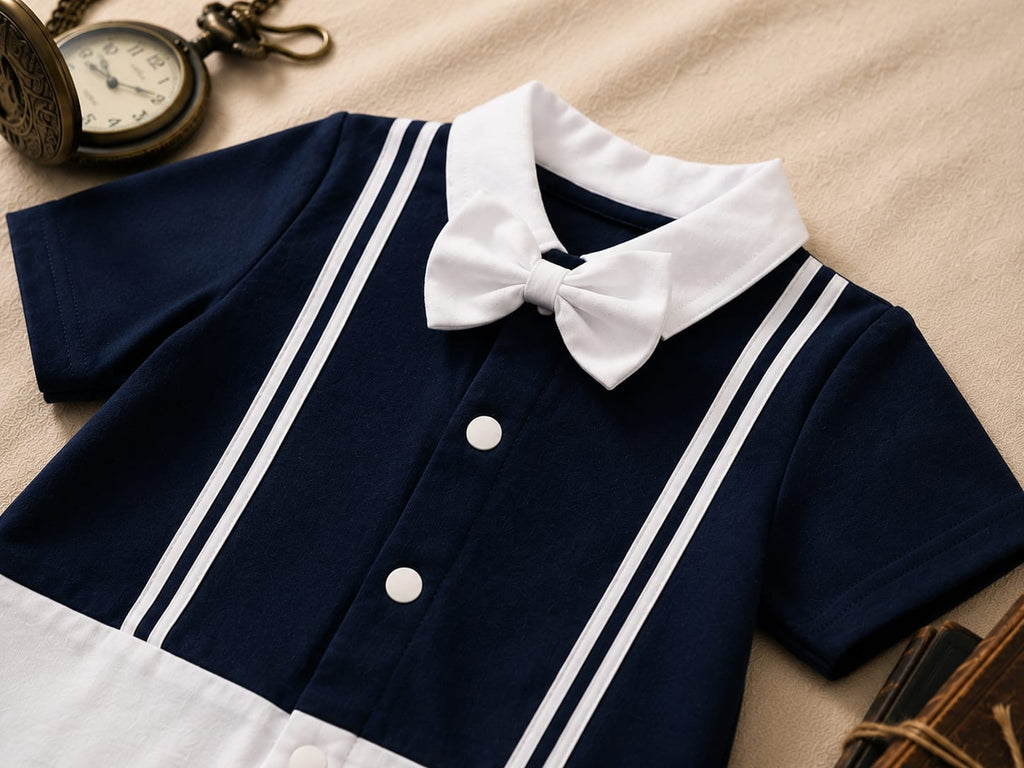 Navy Blue & White Bow Tie Polo Romper for Babies | Soft Interlock Bodysuit