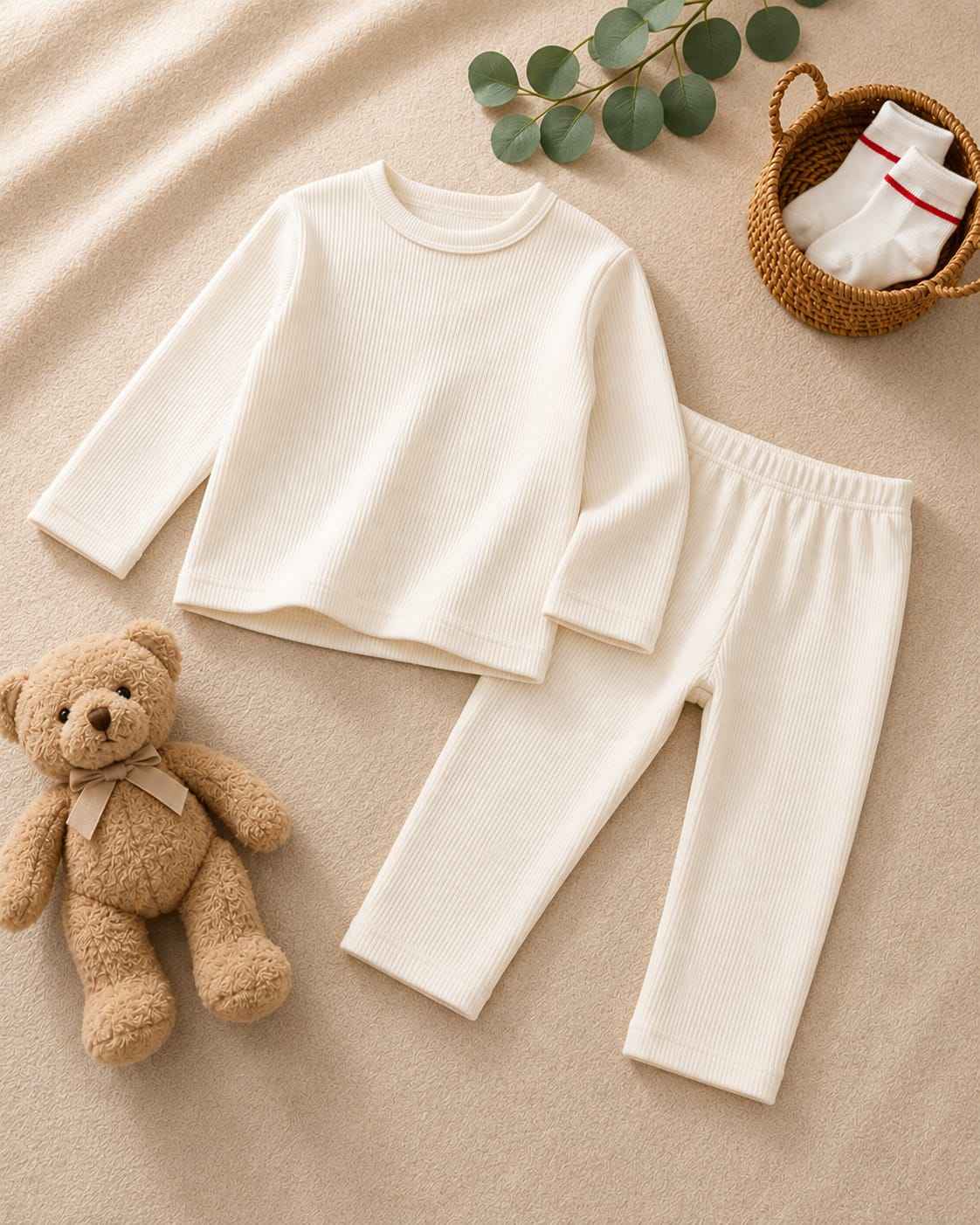 Plush Round Neck Style Ribbed Knit Sweat Set - White