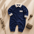 Navy blue baby romper with white striped collar