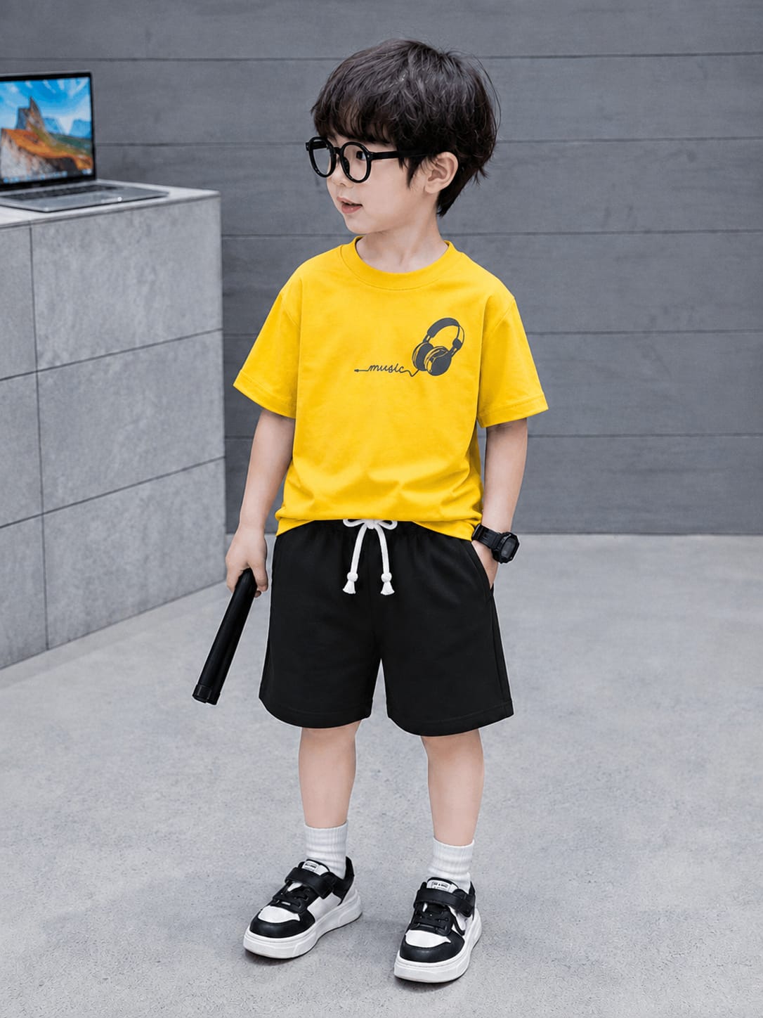 Boys Yellow & Dark Grey Music Headphones T-Shirt & Shorts Set