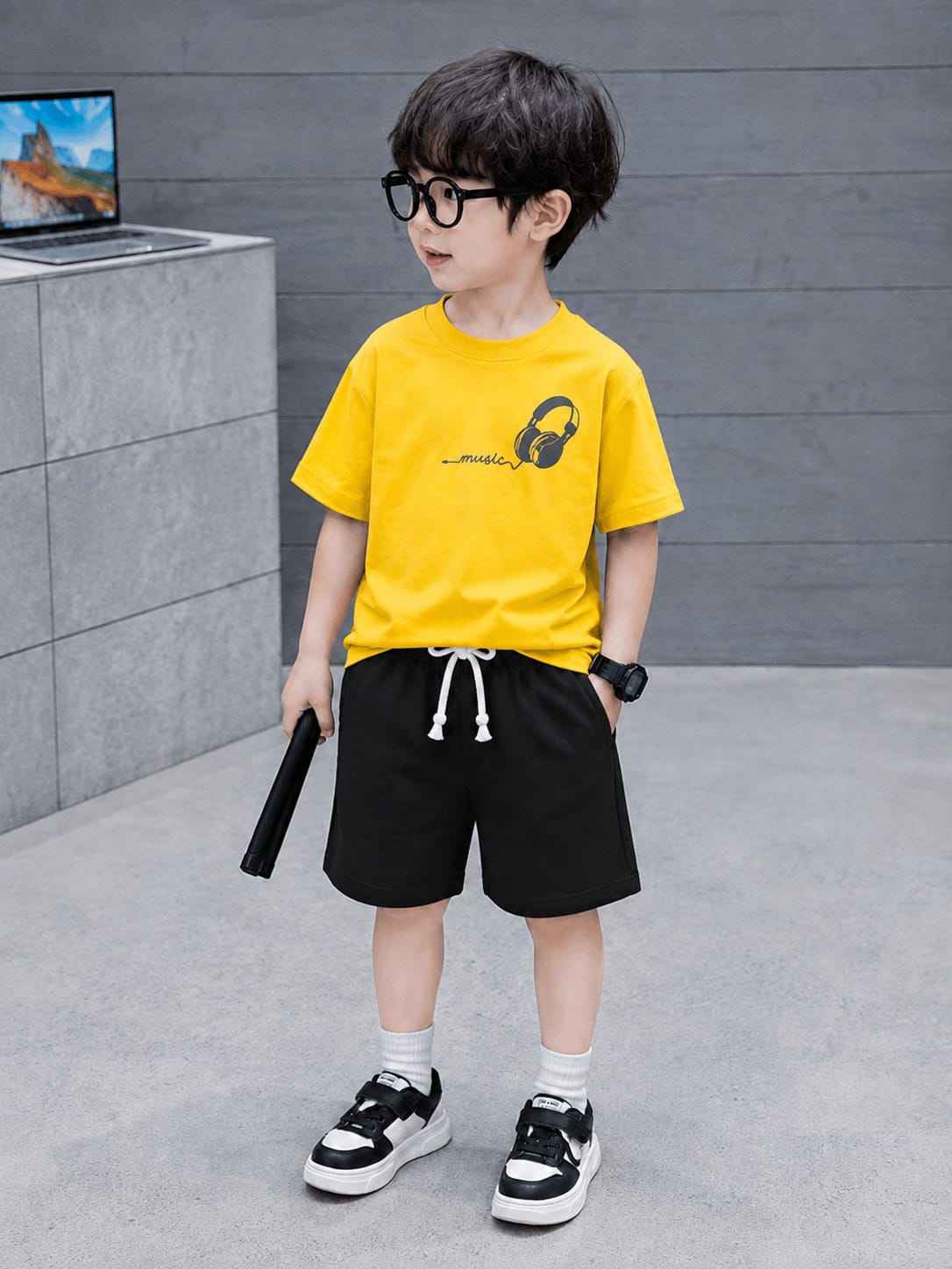 Boys Yellow & Dark Grey Music Headphones T-Shirt & Shorts Set