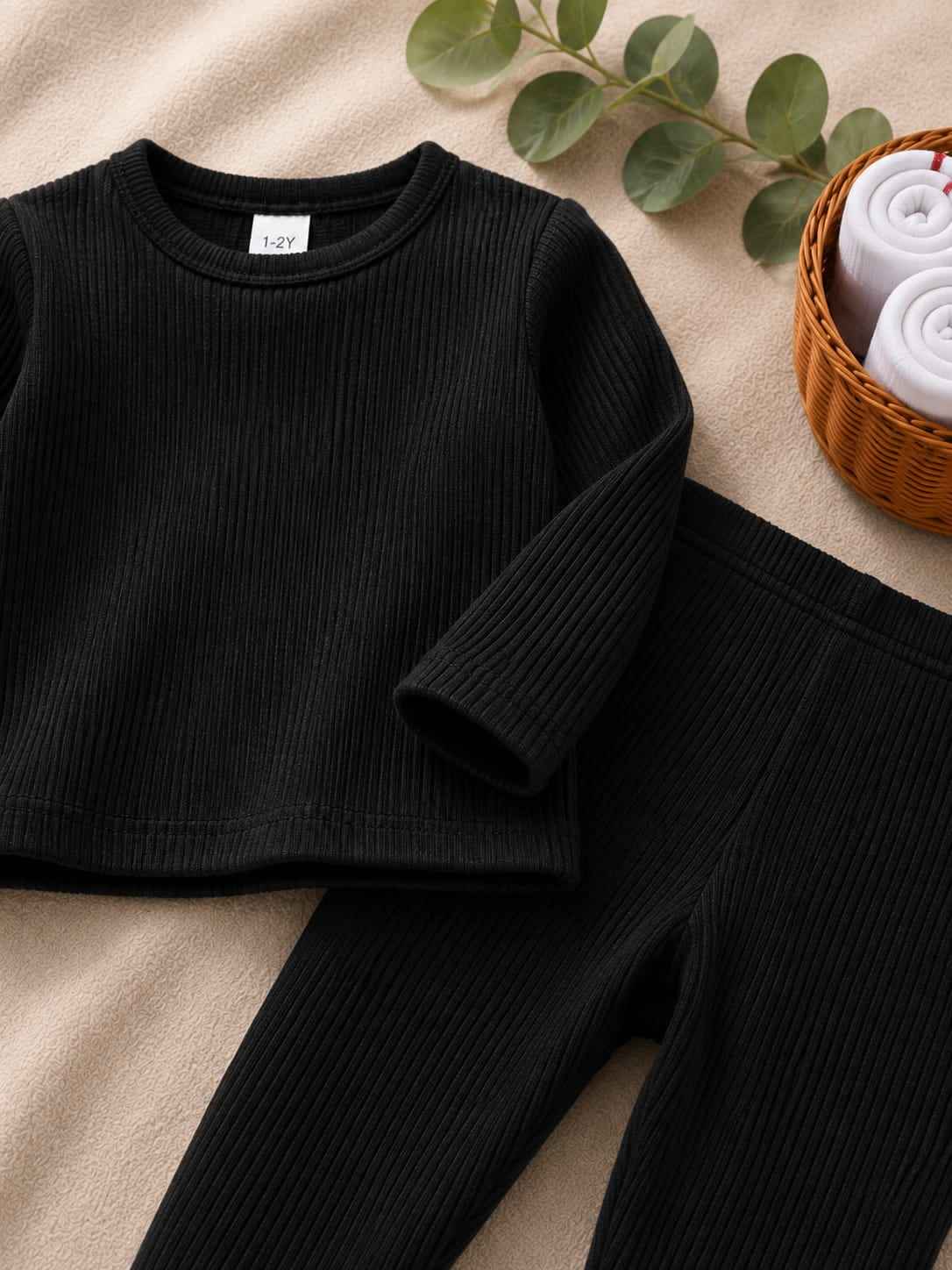 Plush Round Neck Style Ribbed Knit Sweat Set - Black