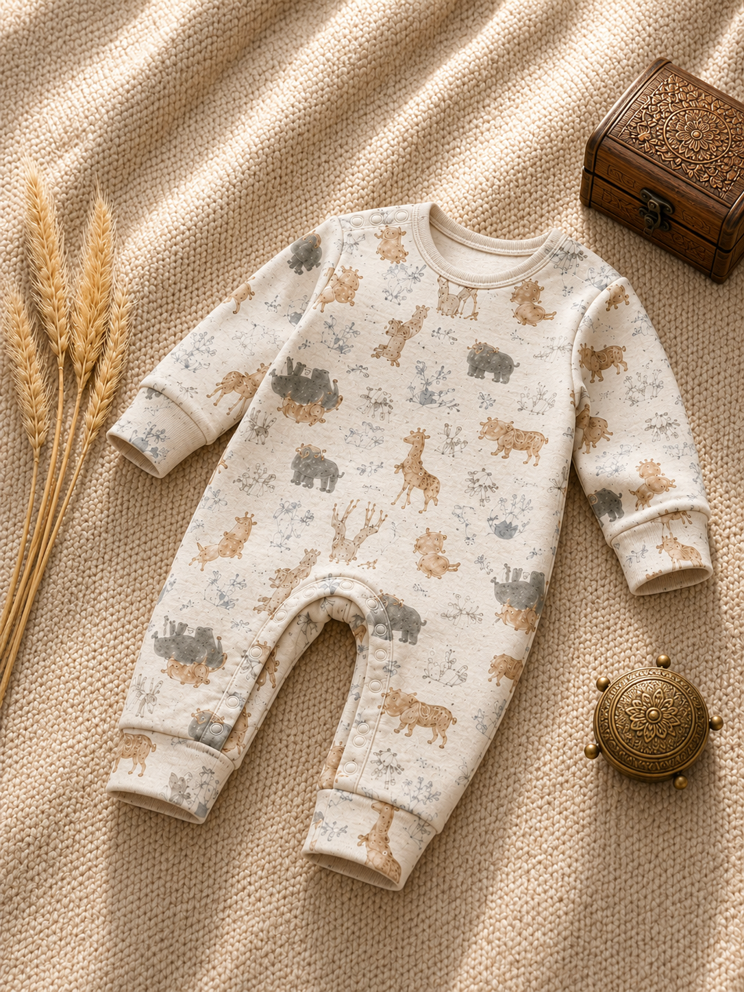 Cream baby romper with elephant giraffe print