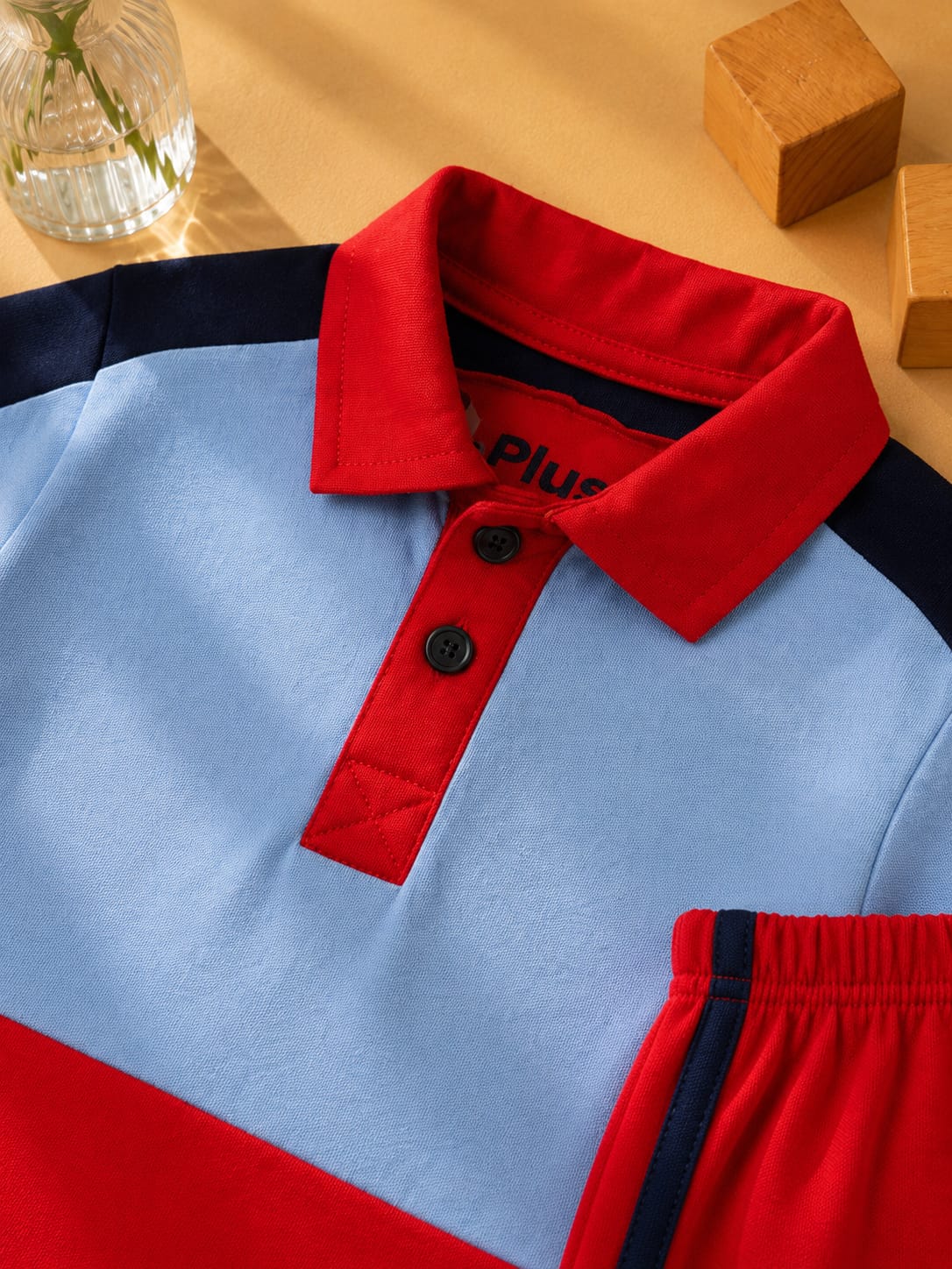 Plush-Baby Plaid Polo Shirt & Shorts-Red-Blue