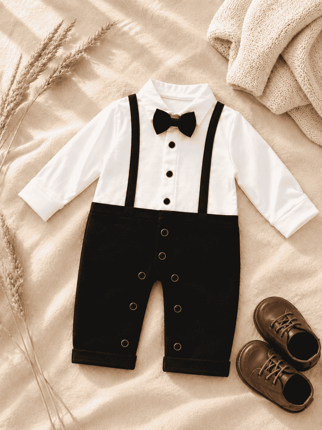 Baby boy tuxedo romper with bow tie and suspenders