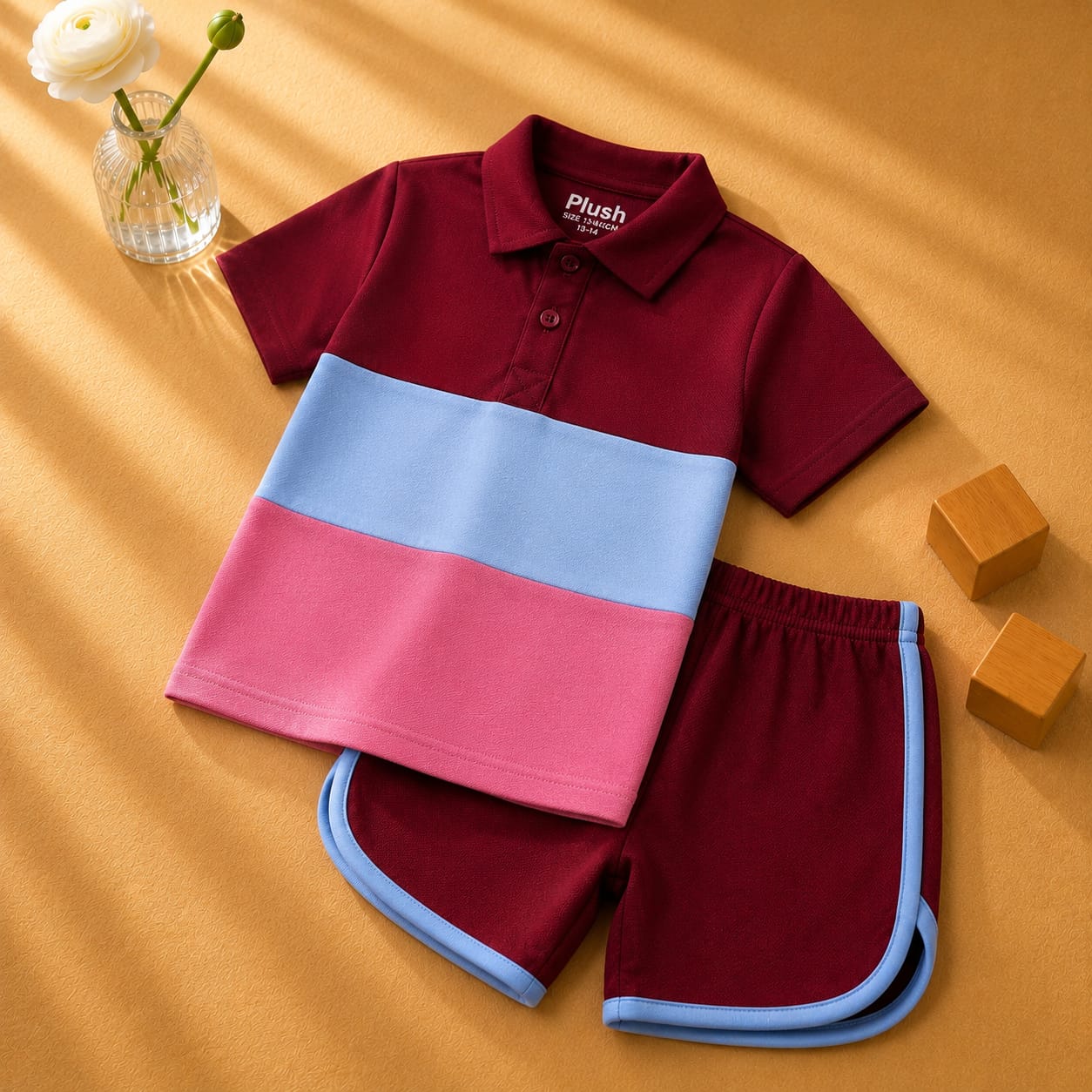 Plush-Baby Plaid Polo Shirt & Shorts-Red-Blue