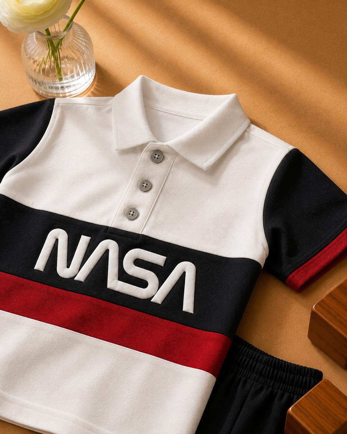 Plush-Baby Plaid Polo Shirt & Shorts-White-Black