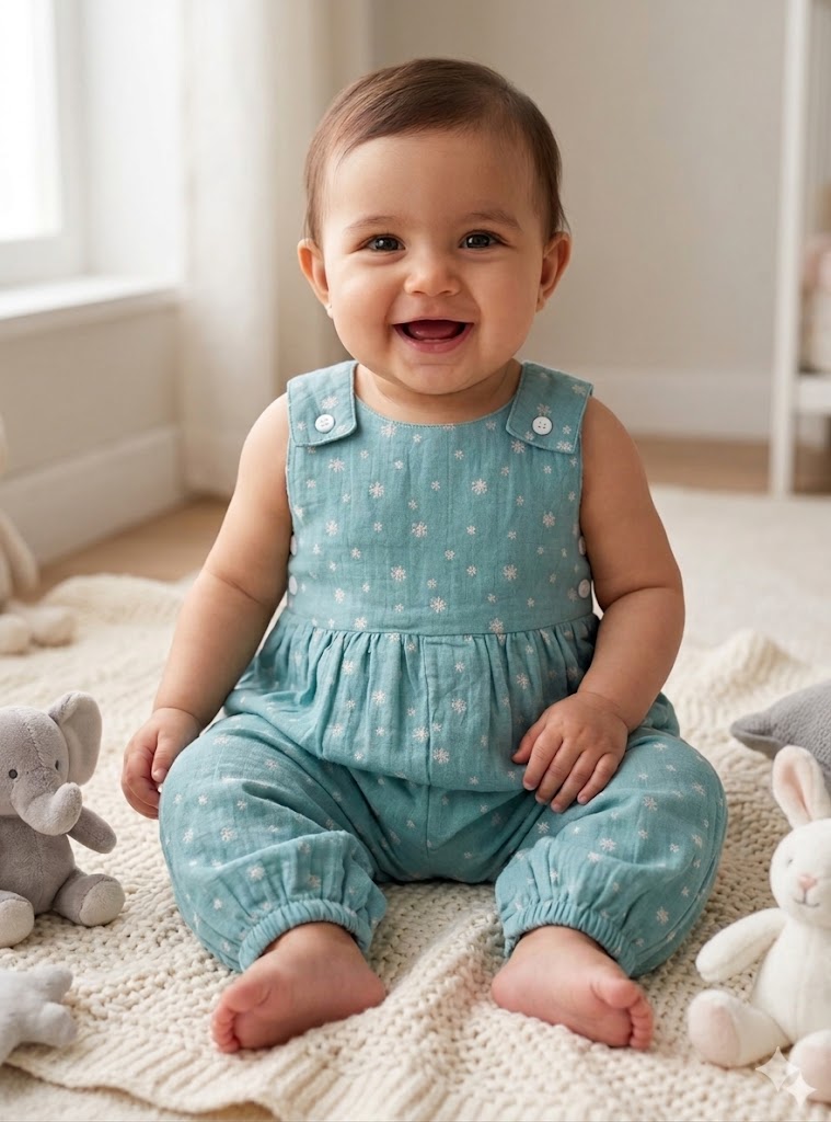 Mint green baby romper with white floral print and button shoulder design for infants