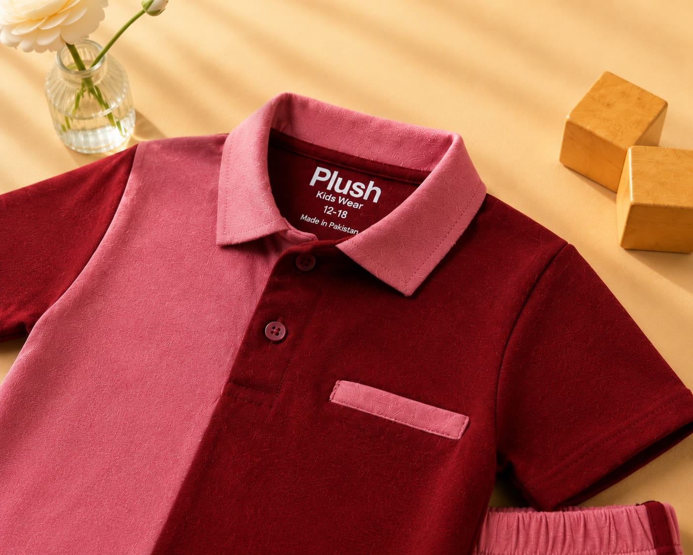 Plush-Baby Plaid Polo Shirt & Shorts-Red-Pink