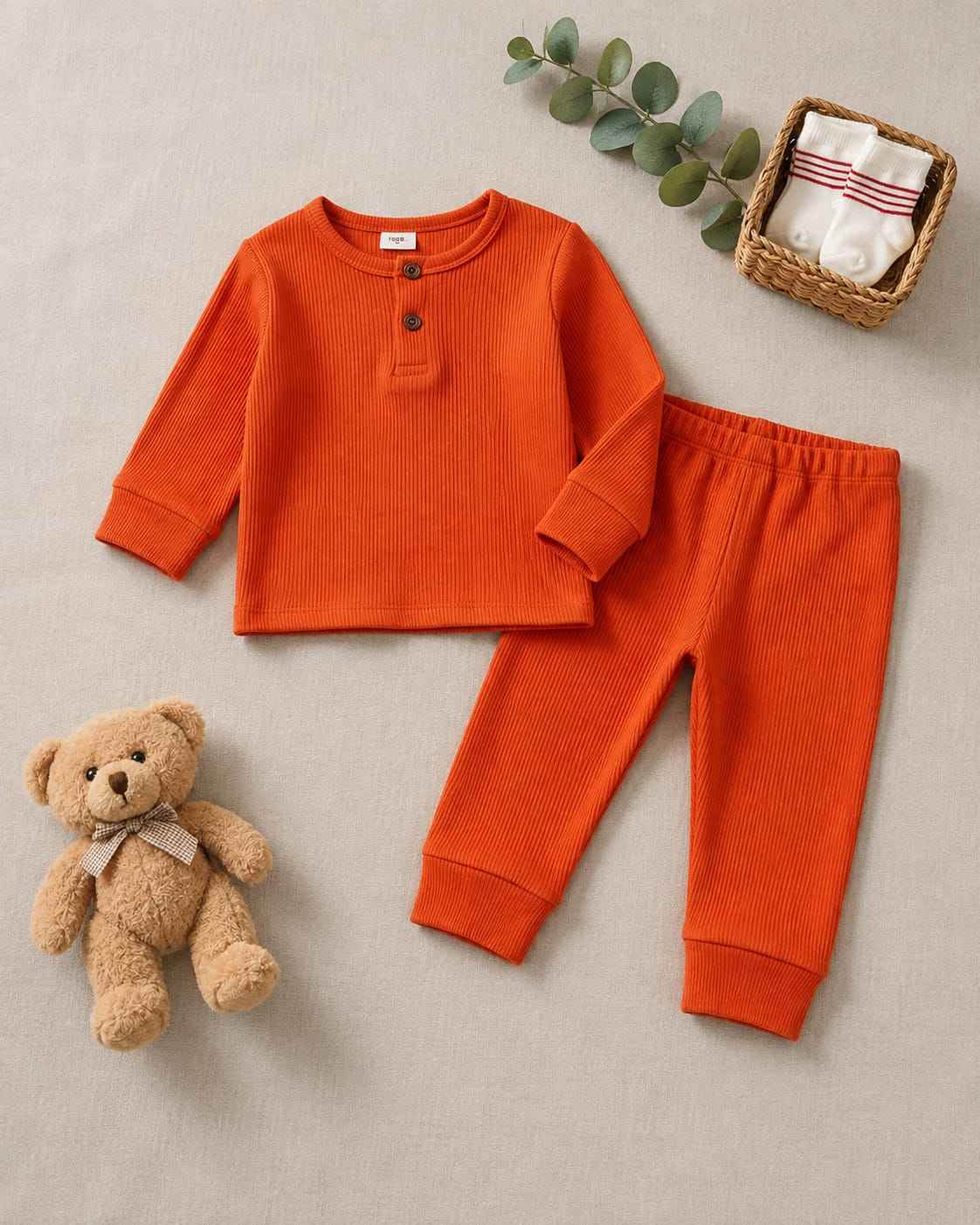 Plush Round Neck Style Ribbed Knit Basic Set - Orange