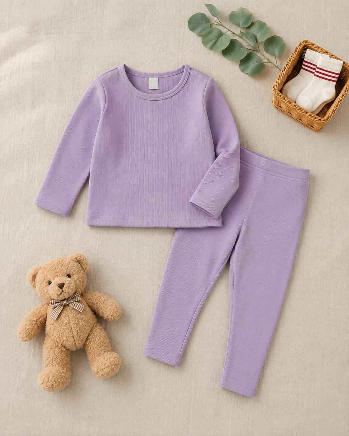 Plush Round Neck Style Ribbed Knit Sweat Set - Lilac Purple