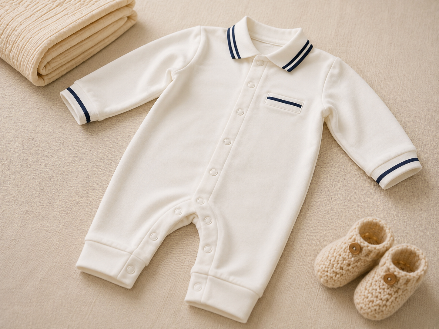 Baby Boy Romper – White & Navy Striped Collar Jumpsuit