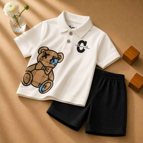 Plush-Baby Plaid Polo Shirt & Shorts-White