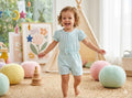 Light blue striped baby girls romper with puff sleeves and front buttons
