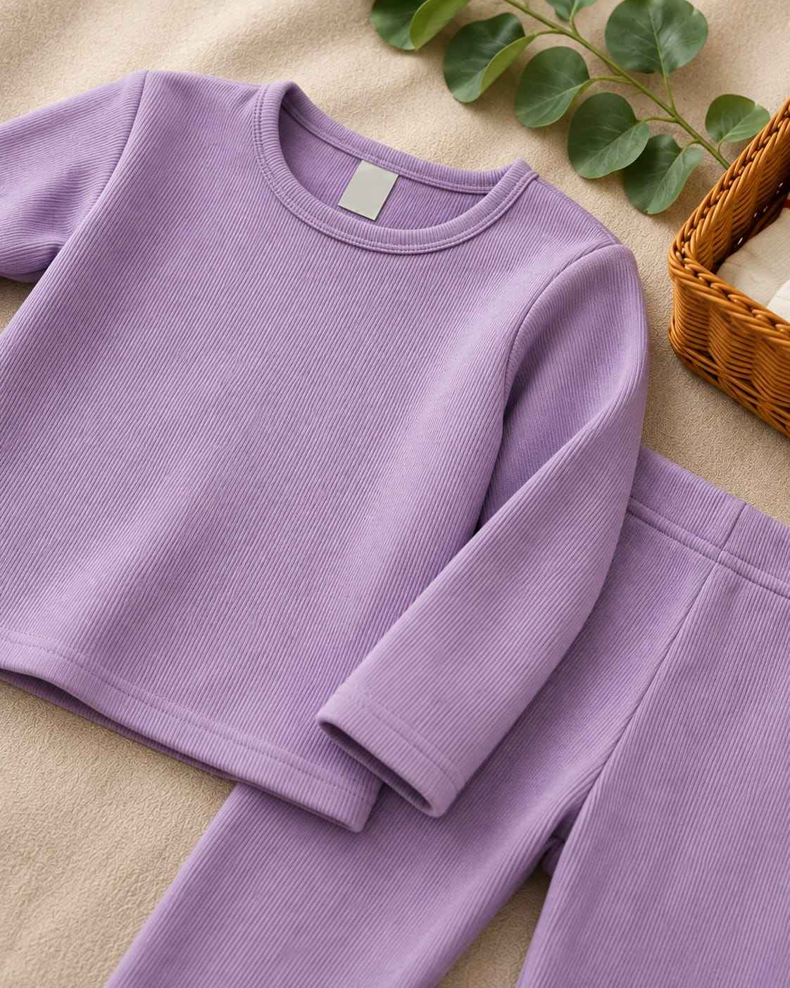 Plush Round Neck Style Ribbed Knit Sweat Set - Lilac Purple