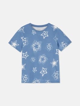 Kids Boys Blue Star Print Round Neck Half Sleeve Cotton T-Shirt