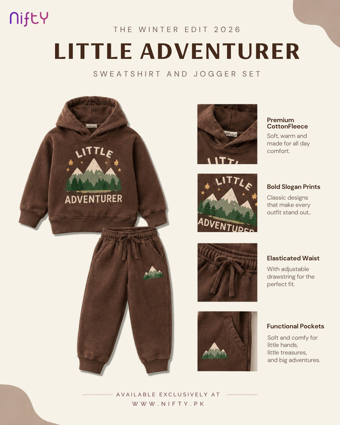 Brown “Little Adventurer” Kids Sweatshirt & Jogger Set