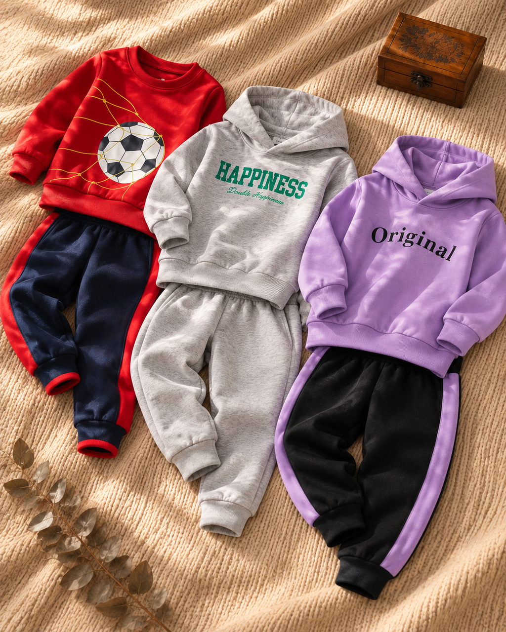 Pack of 3 Kids Sweatshirt & Jogger Sets: Soccer, Happiness & Original
