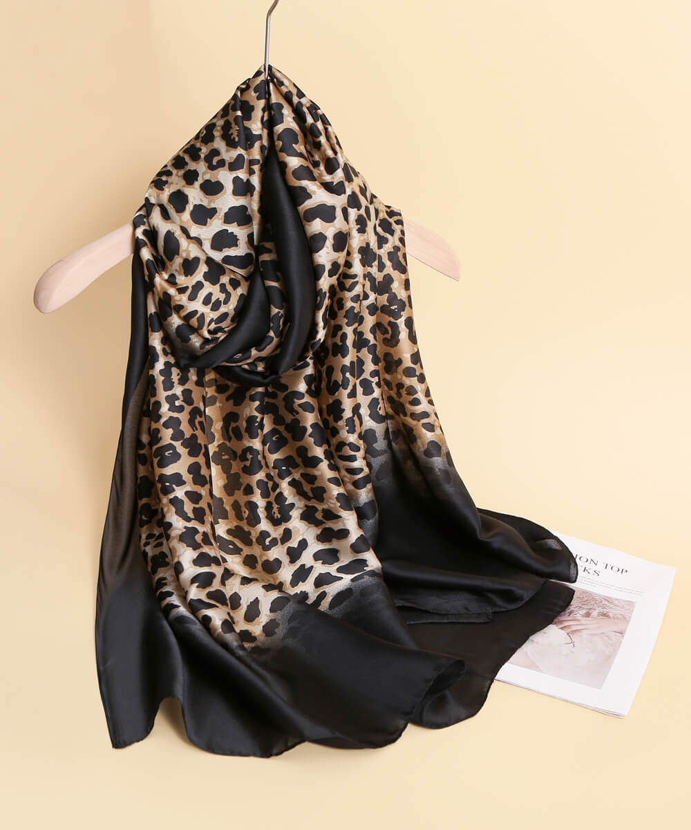 Luxury leopard print silk-satin scarf with a solid black border