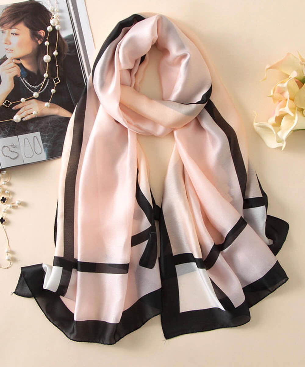Blush pink silk-satin scarf with black geometric linear border design