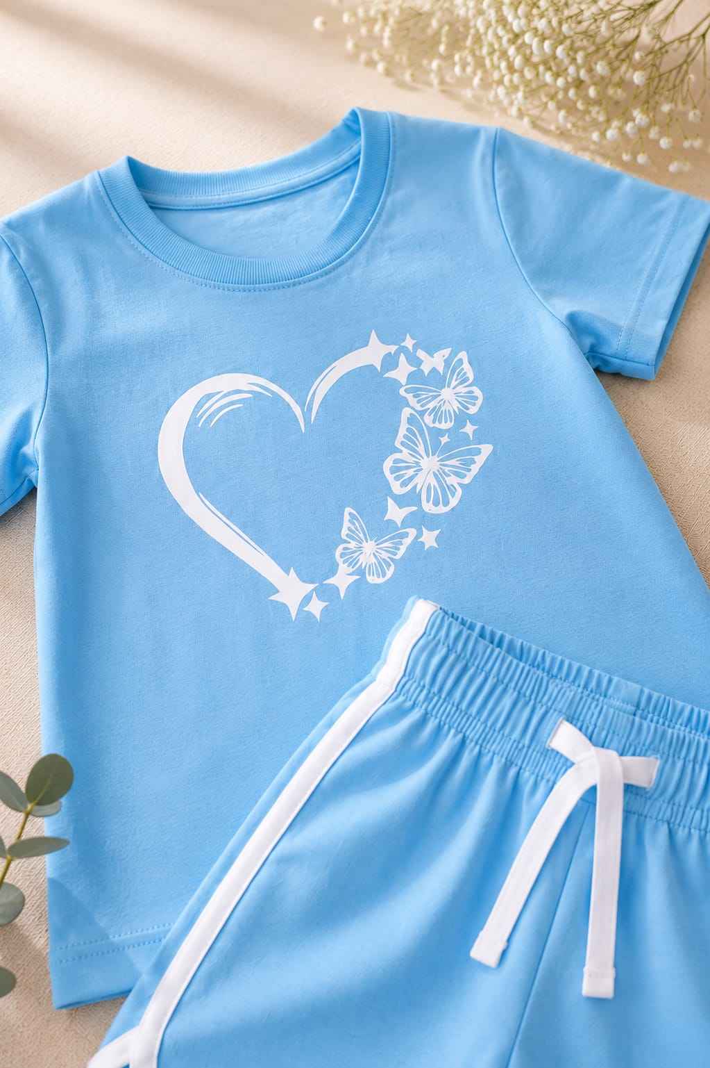 Girls Sky Blue Butterfly Heart T-Shirt & Shorts Set