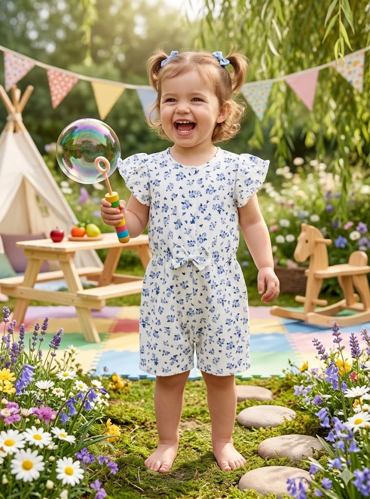 White floral baby girls romper with blue print and puff sleeves
