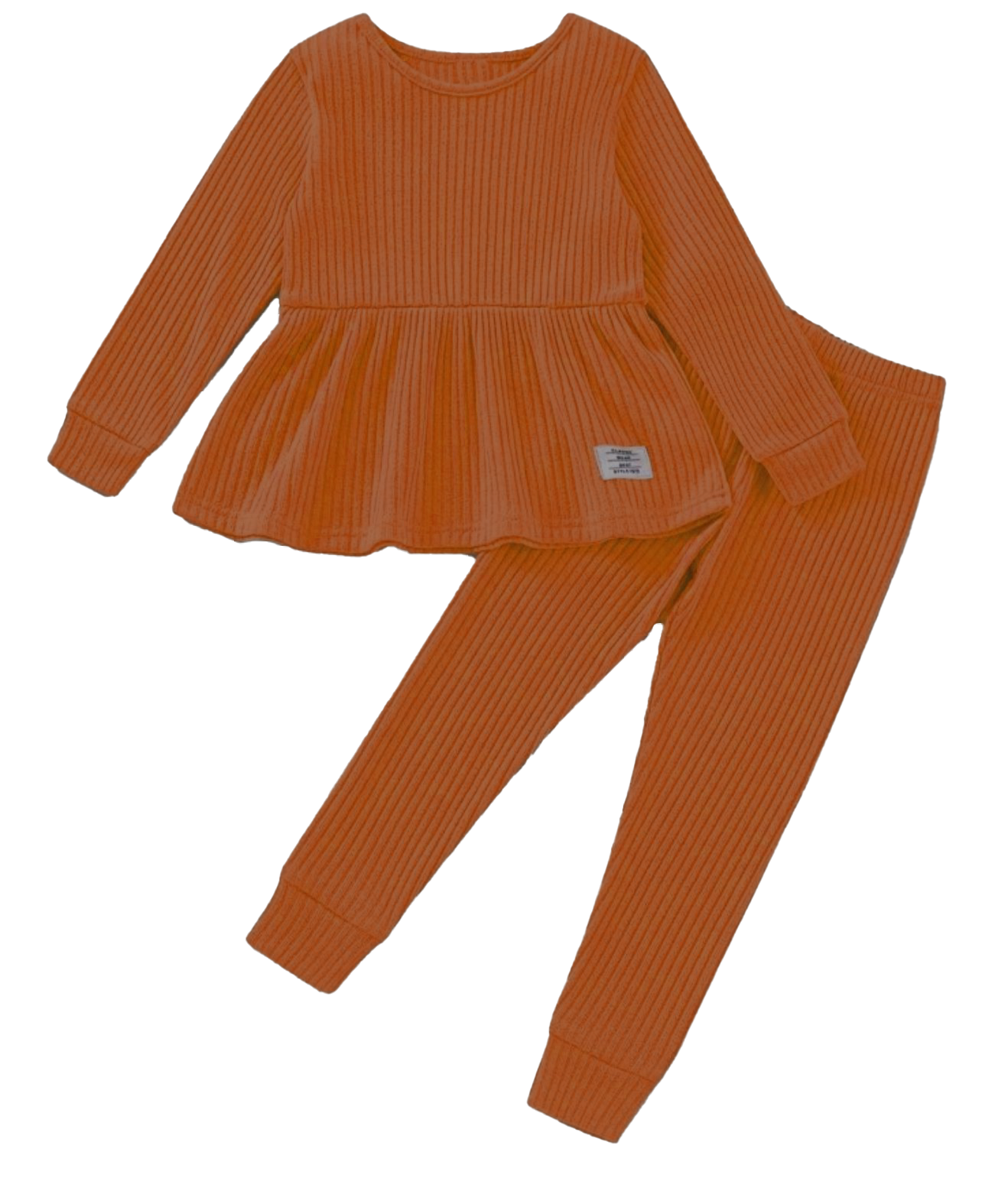 Plush Ribbed Knit Frock with Cuff Trousers - Orange