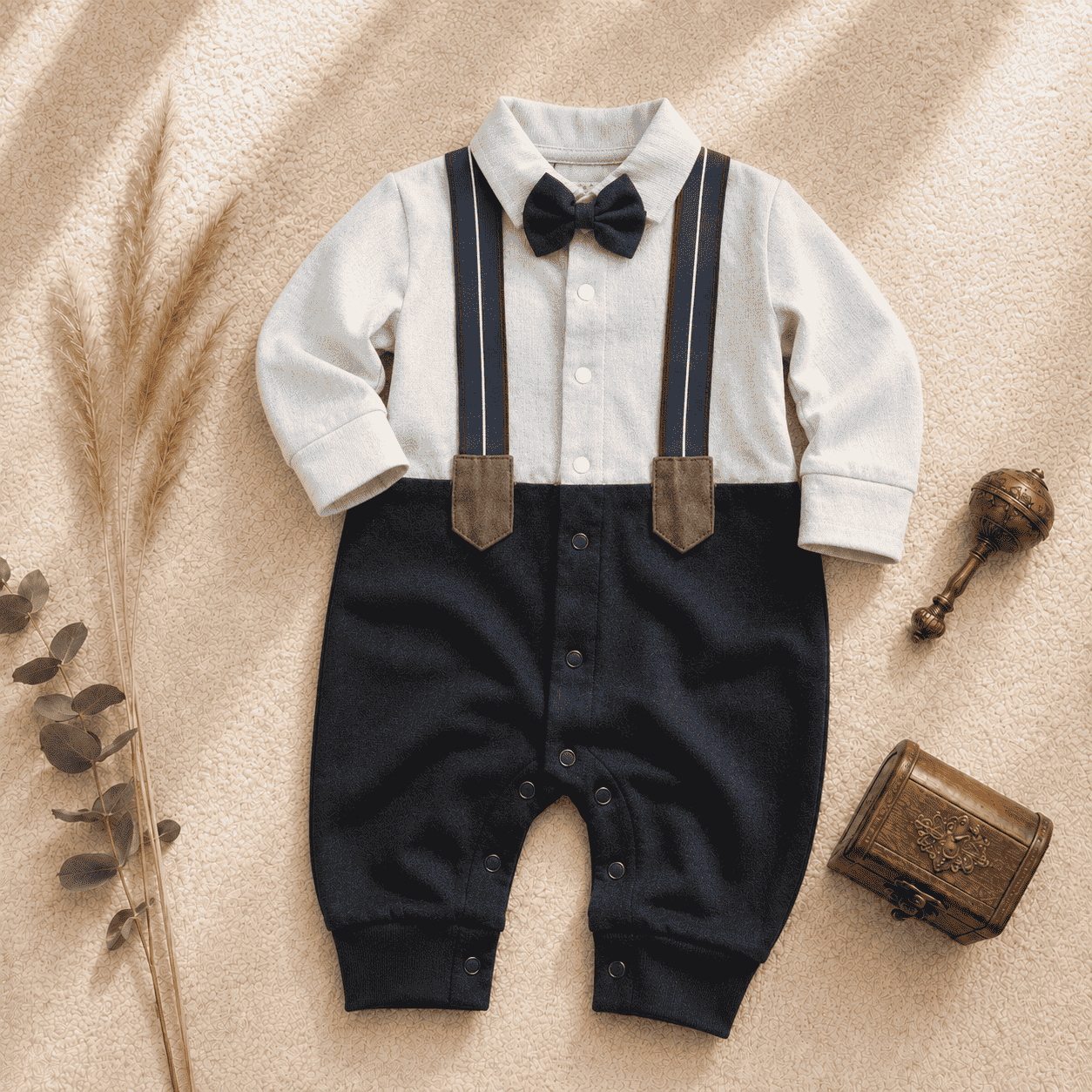 Baby boy gentleman romper with light grey shirt, navy bow tie and suspenders