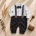 Baby boy gentleman romper with light grey shirt, navy bow tie and suspenders