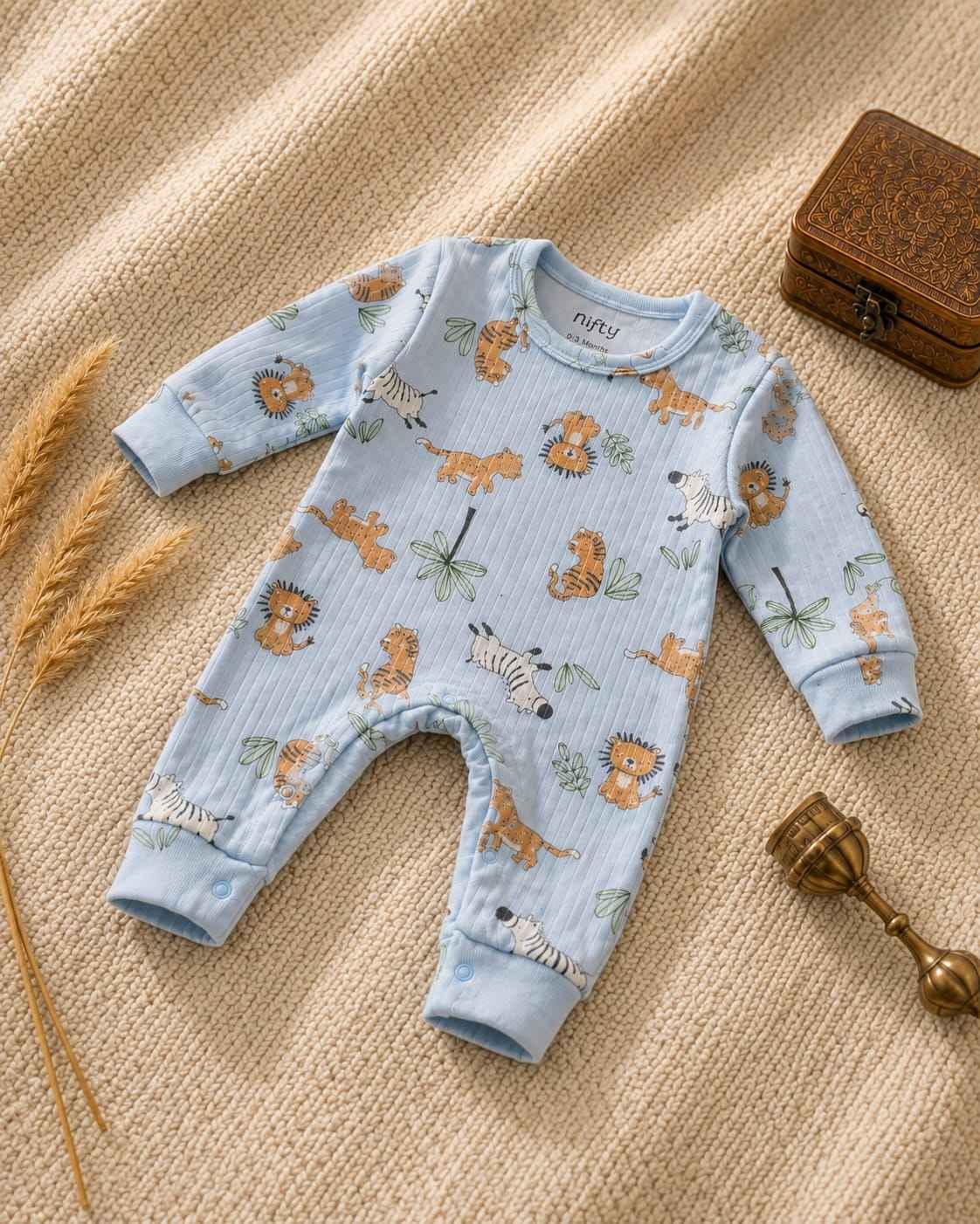 Baby Safari Animal Romper | Blue Long Sleeve Jumpsuit