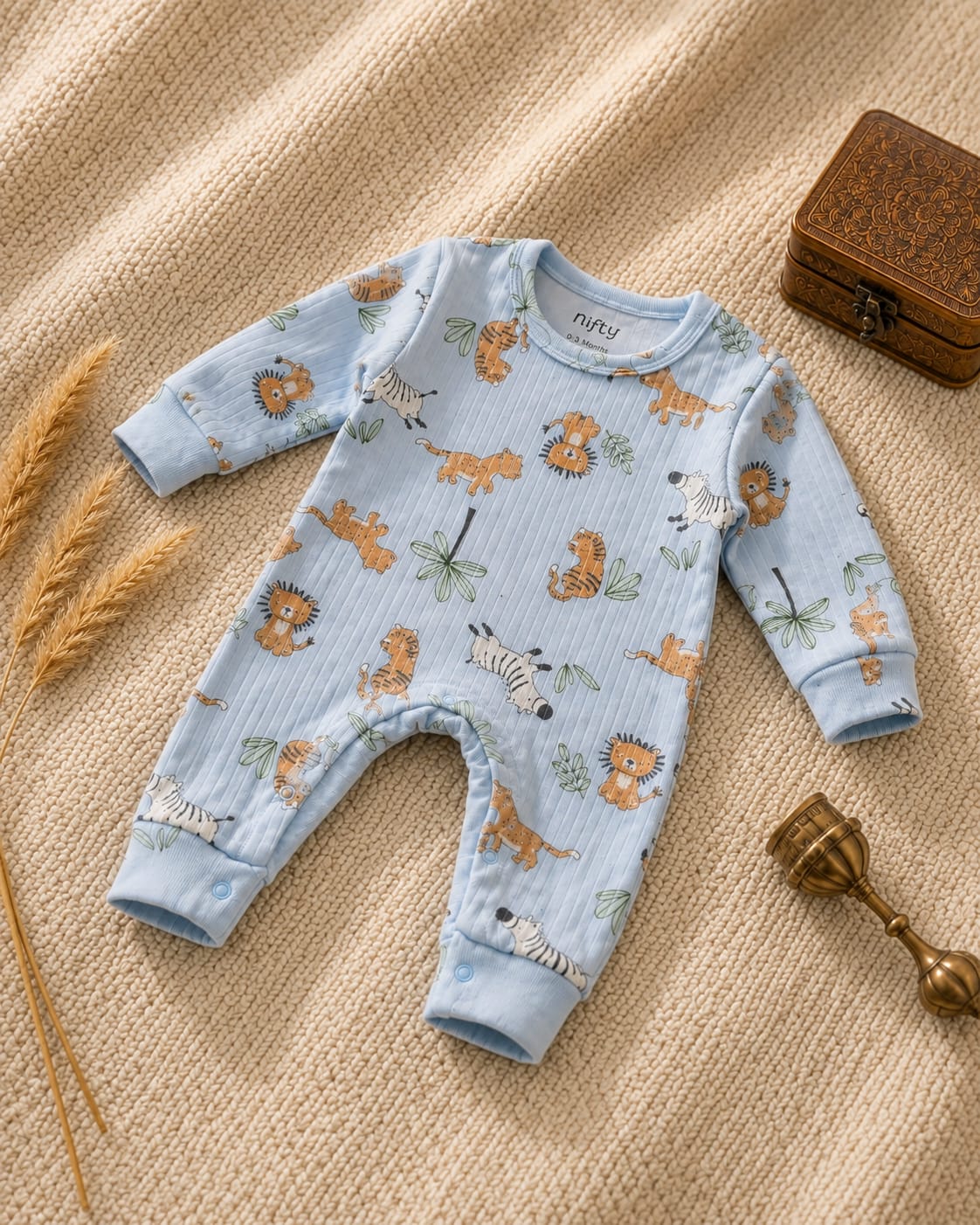 Baby Safari Animal Romper | Blue Long Sleeve Jumpsuit