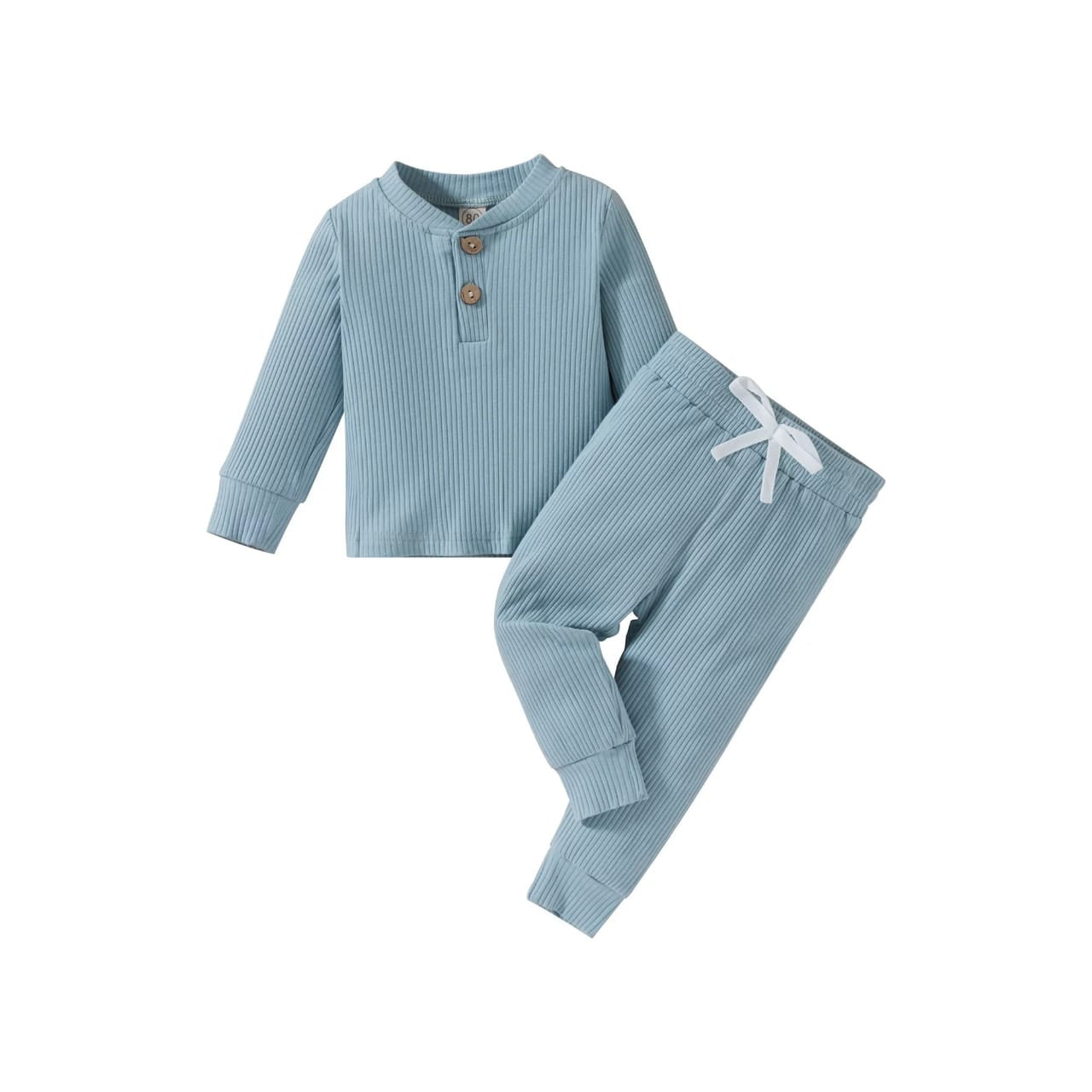 Plush-Waffle Textured Basic PJ Set-Blue