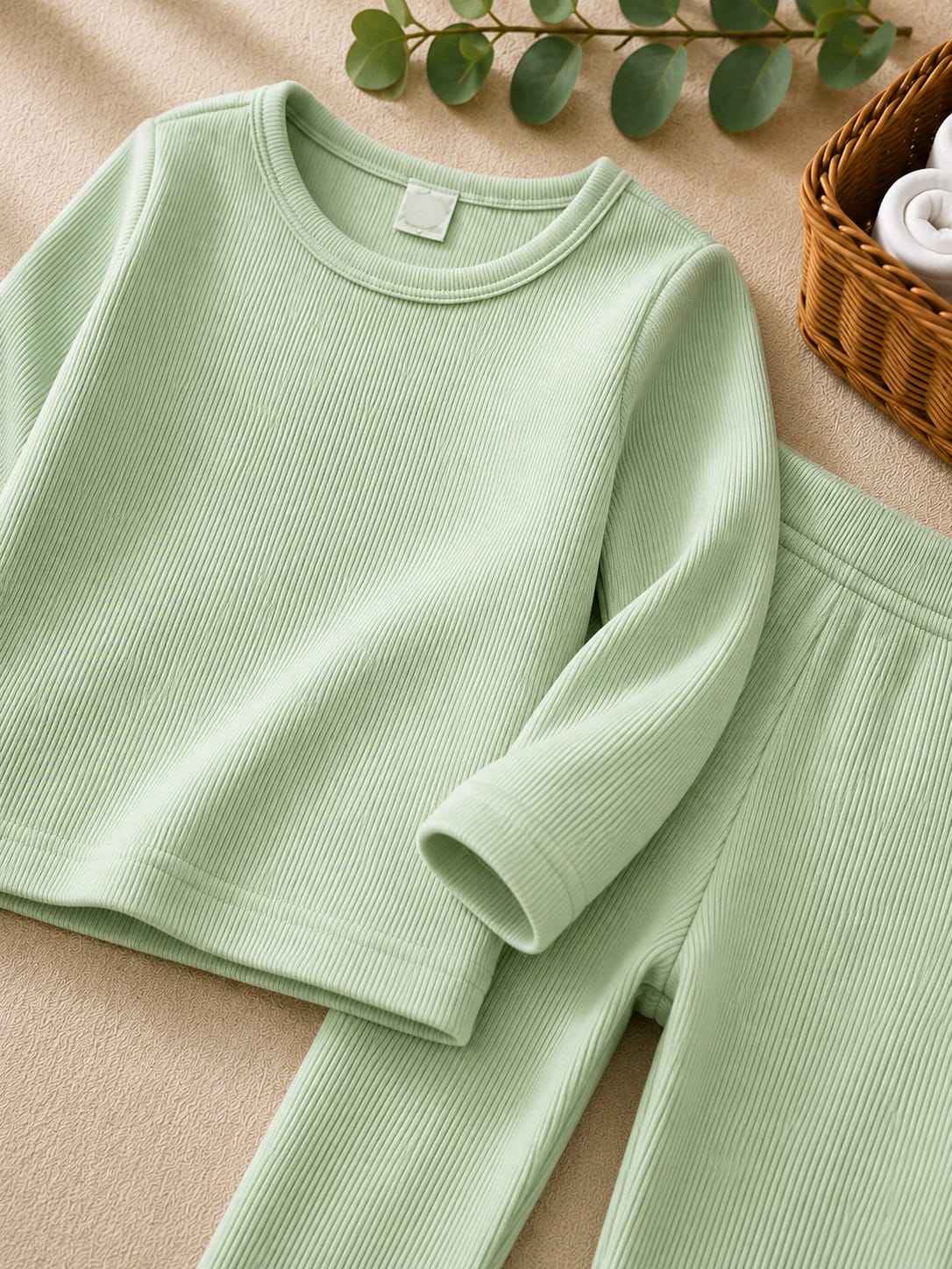 Plush Round Neck Style Ribbed Knit Sweat Set - Mint Green