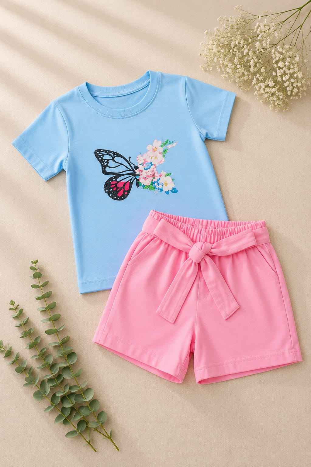Girls Sky Blue & Pink Contrast T-Shirt & Shorts Set