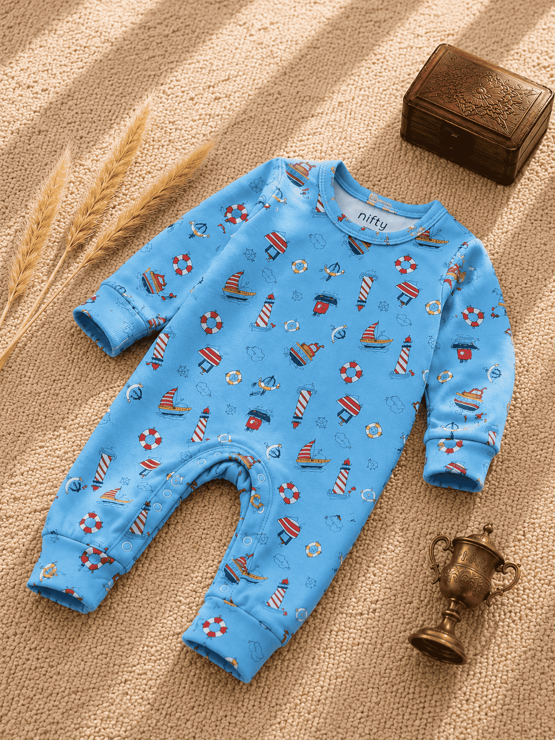 Baby Nautical Print Romper | Blue Long Sleeve Jumpsuit